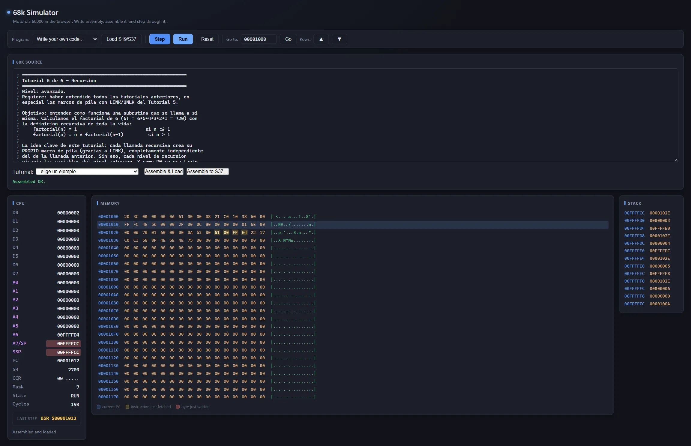 The simulator midway through the recursive factorial tutorial, showing the source code, the register panel, a memory dump and the stack.