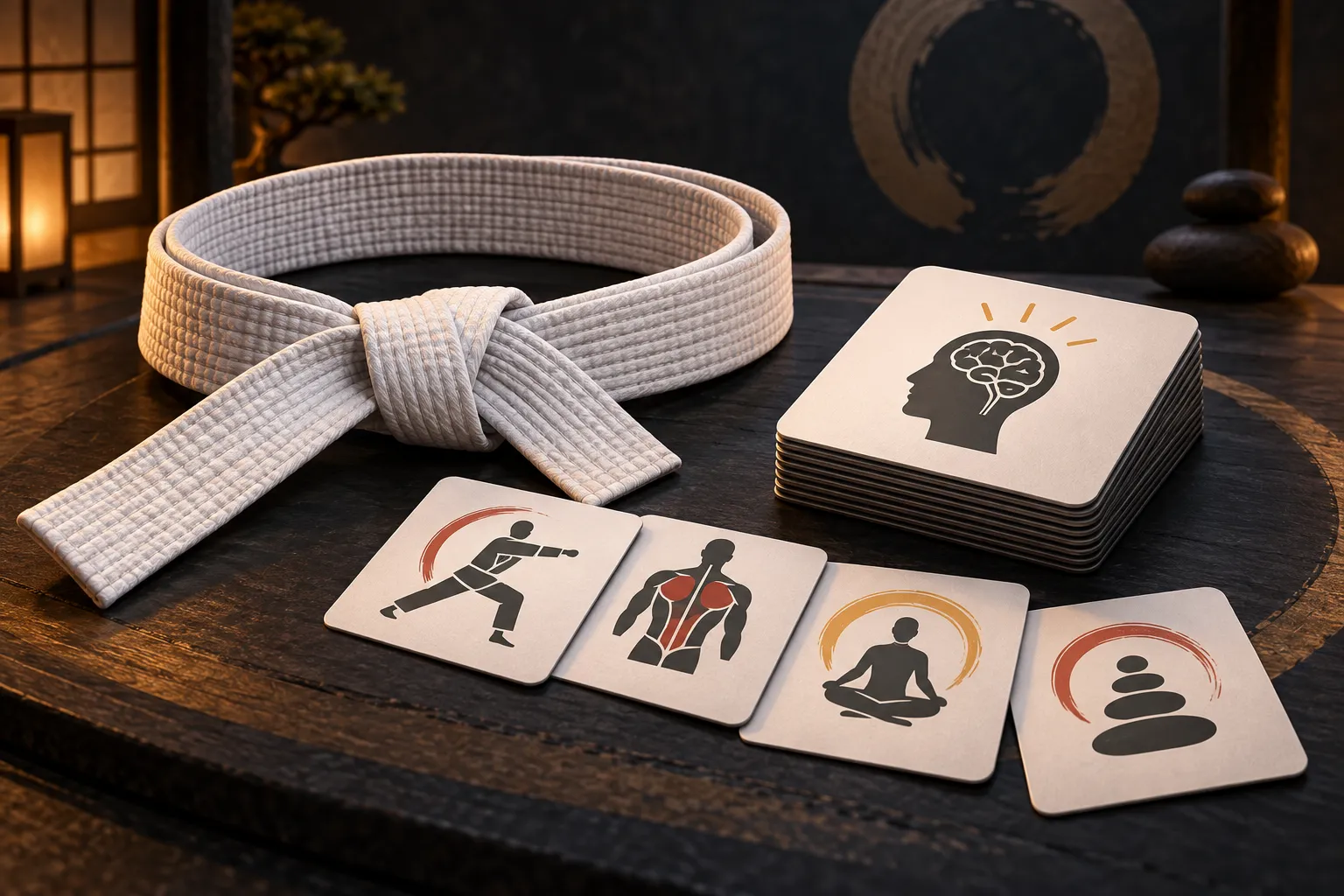 A martial arts belt beside illustrated cards for technique, anatomy and training
