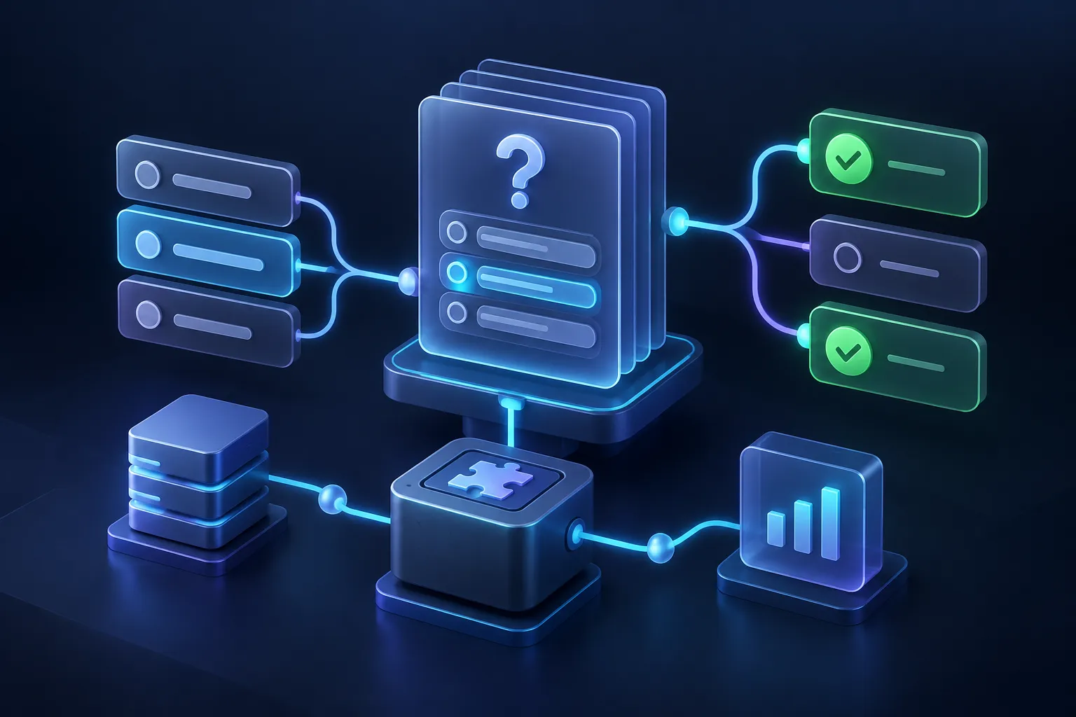 Modular illustration of question cards connected to validation and statistics